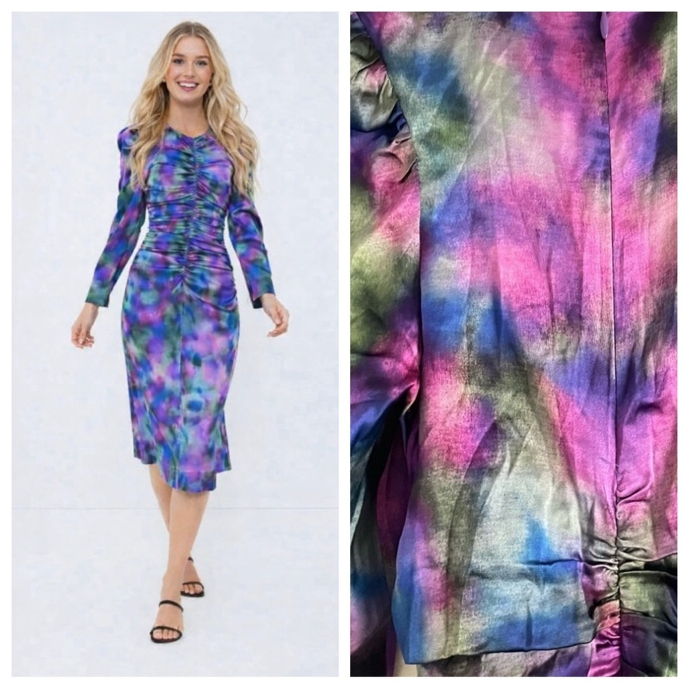 New! Ganni Silk Satin O-neck graphic Midi Dress Simply Purple 20829